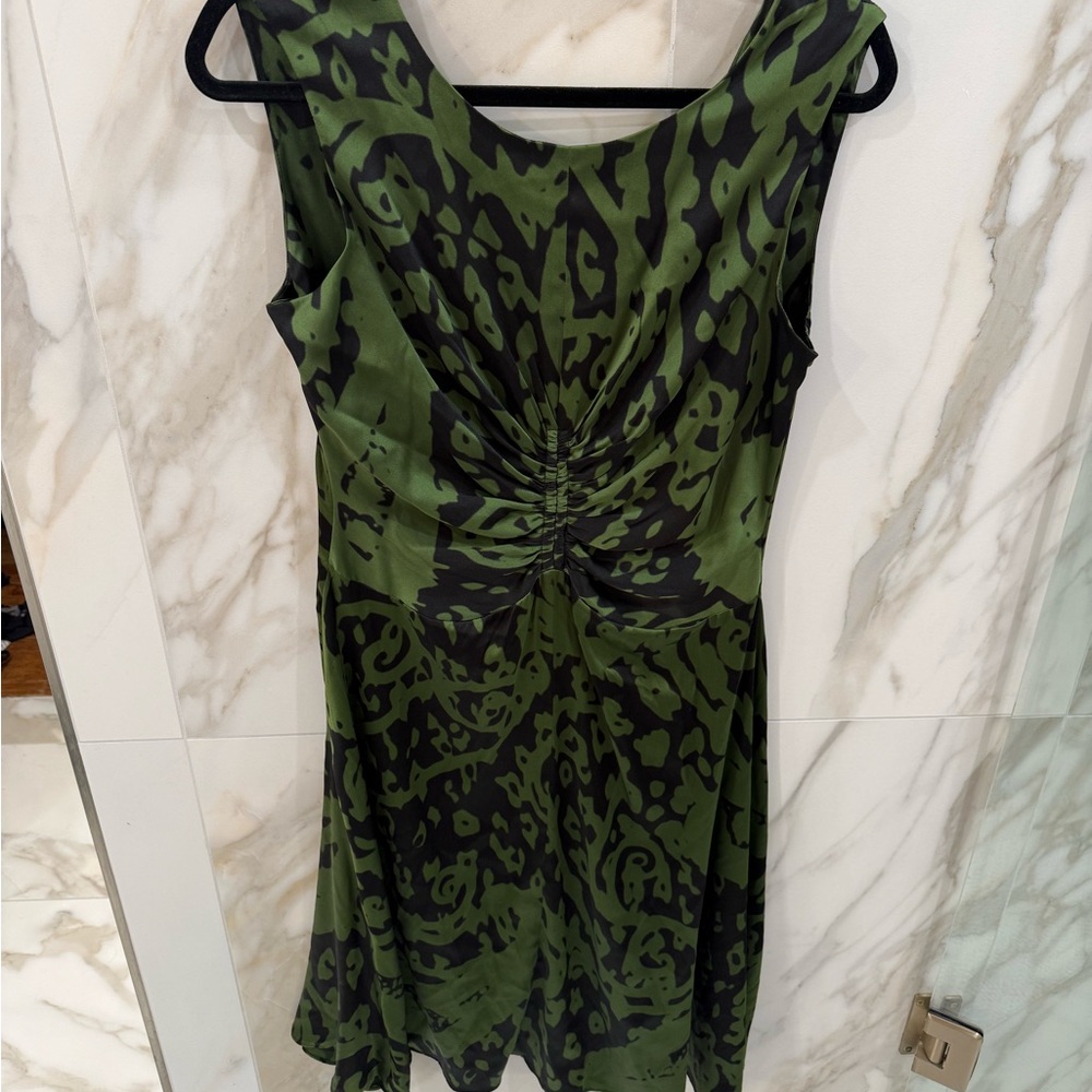 Taylor Green and Black Patterned Midi Silk Dress